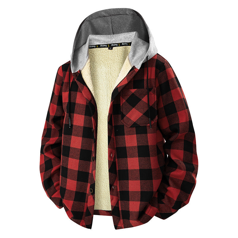 Geruit overshirt voor heren met capuchon, borstzak en drukknopen