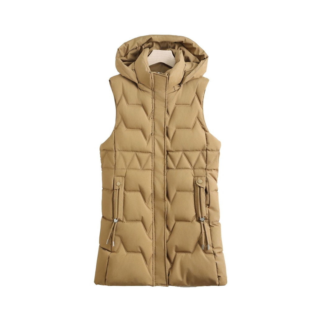 Lange doorgestikte bodywarmer voor dames met capuchon en koorden in de taille