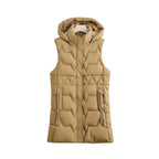 Lange doorgestikte bodywarmer voor dames met capuchon en koorden in de taille