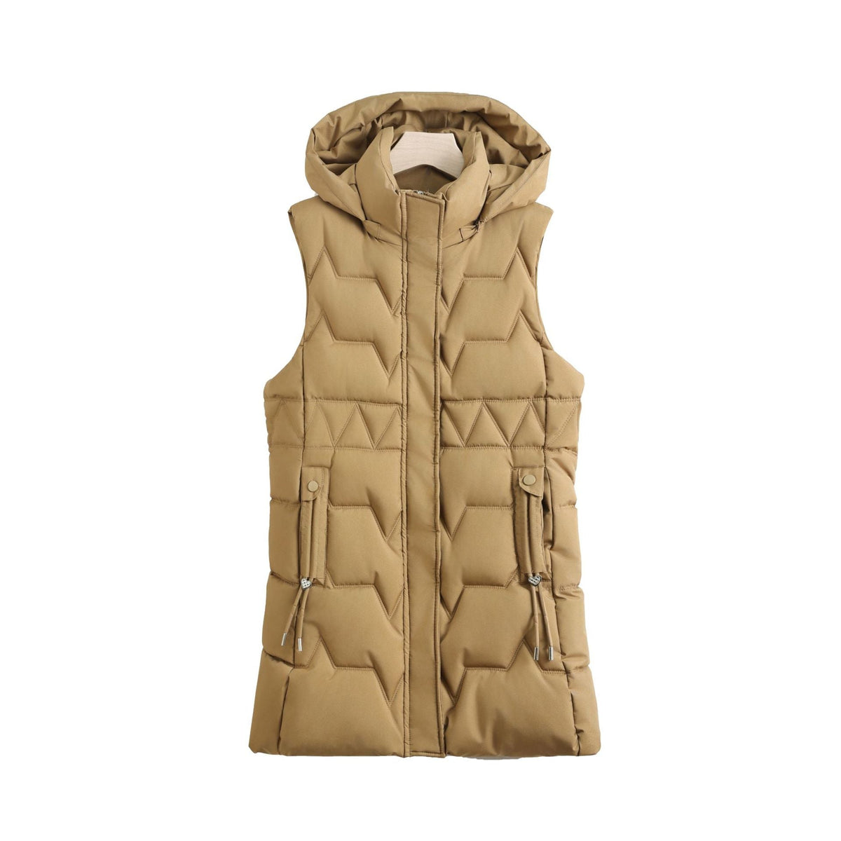 Lange doorgestikte bodywarmer voor dames met capuchon en koorden in de taille