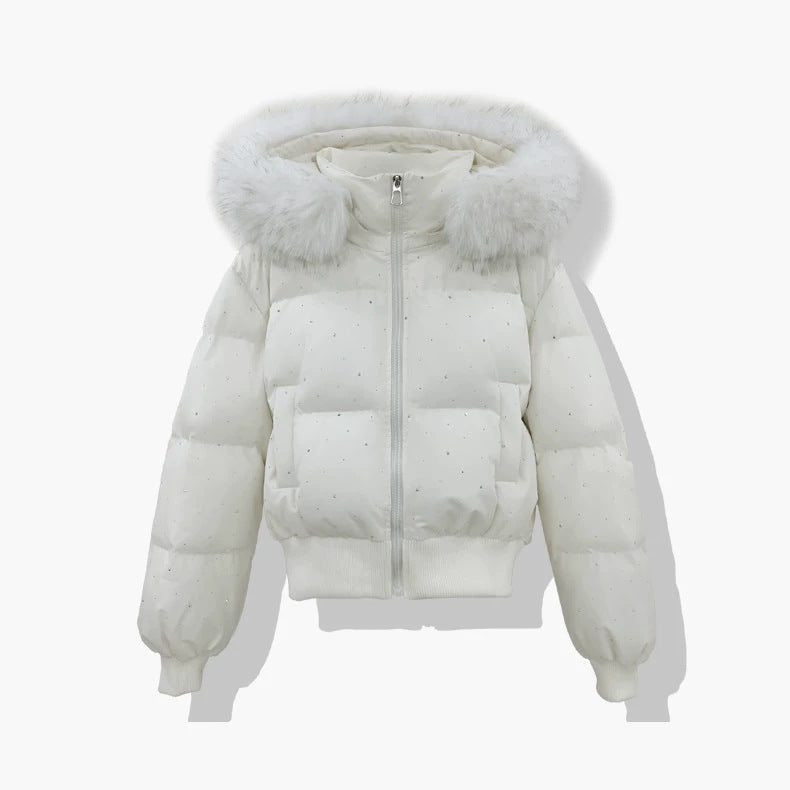 Korte doorgestikte blouson voor dames met afneembare capuchon