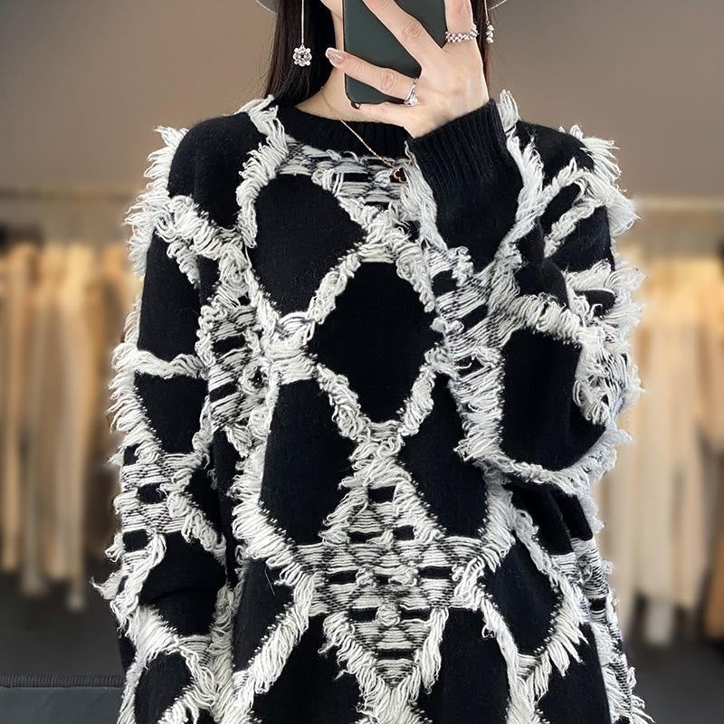 Oversized trui voor dames met ronde hals en franjes
