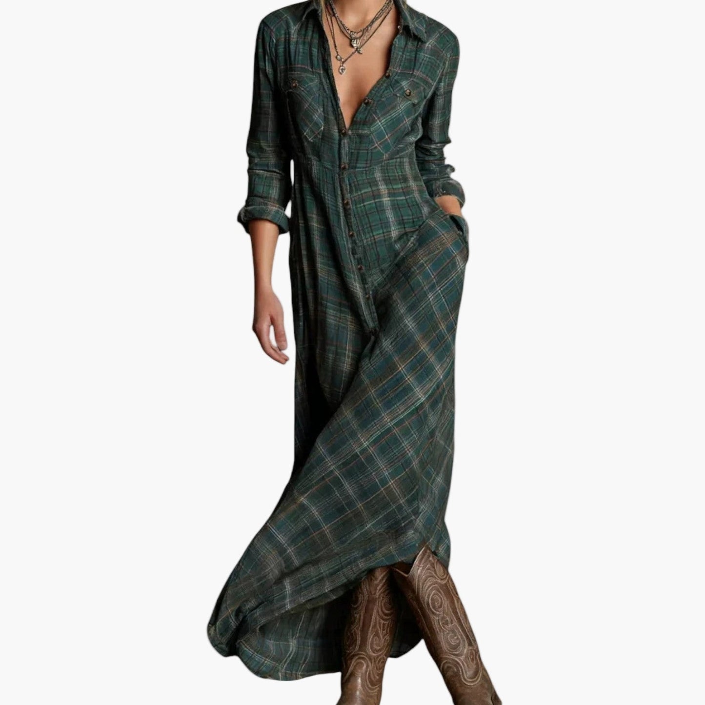 Dame maxikjole skjortebluse-stil elegant for fritid og kontor