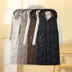 Lange gewatteerde bodywarmer voor dames met capuchon en multifunctionele zakken