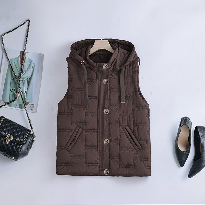 Gewatteerde bodywarmer voor dames met capuchon, knoopsluiting en steekzakken