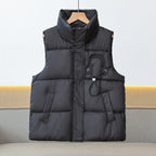Lichte gewatteerde bodywarmer voor dames met hoge opstaande kraag en koorddetail