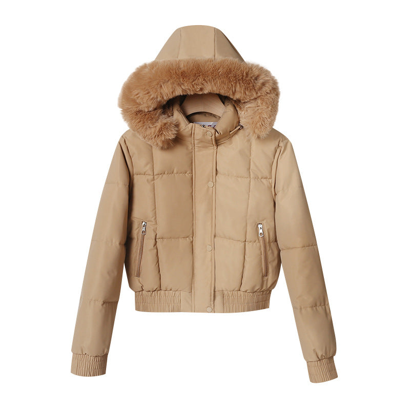 Korte gewatteerde blouson voor dames met capuchon en kraag van imitatiebont