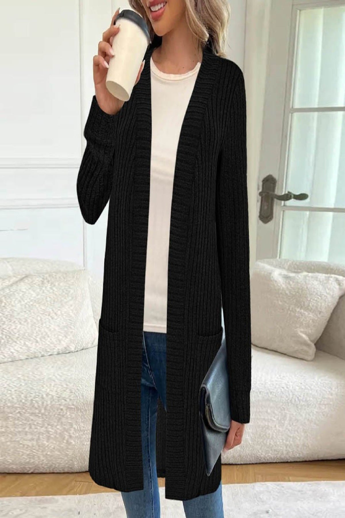 Lang vest voor dames met lange mouwen en zakken