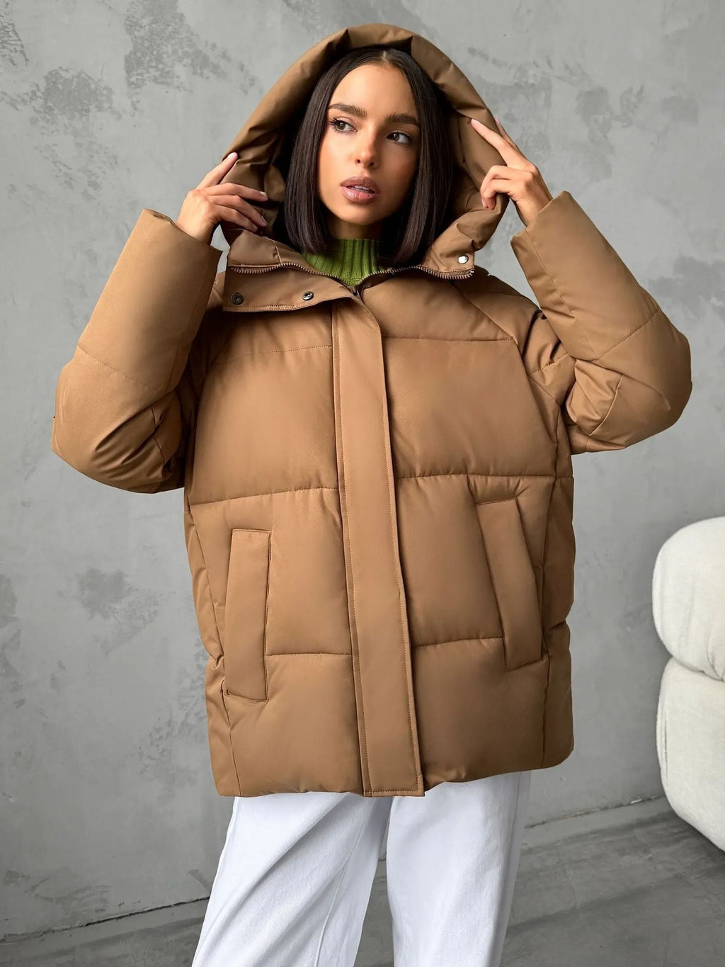 Oversized gewatteerde jas voor dames met capuchon en ingewerkte zakken