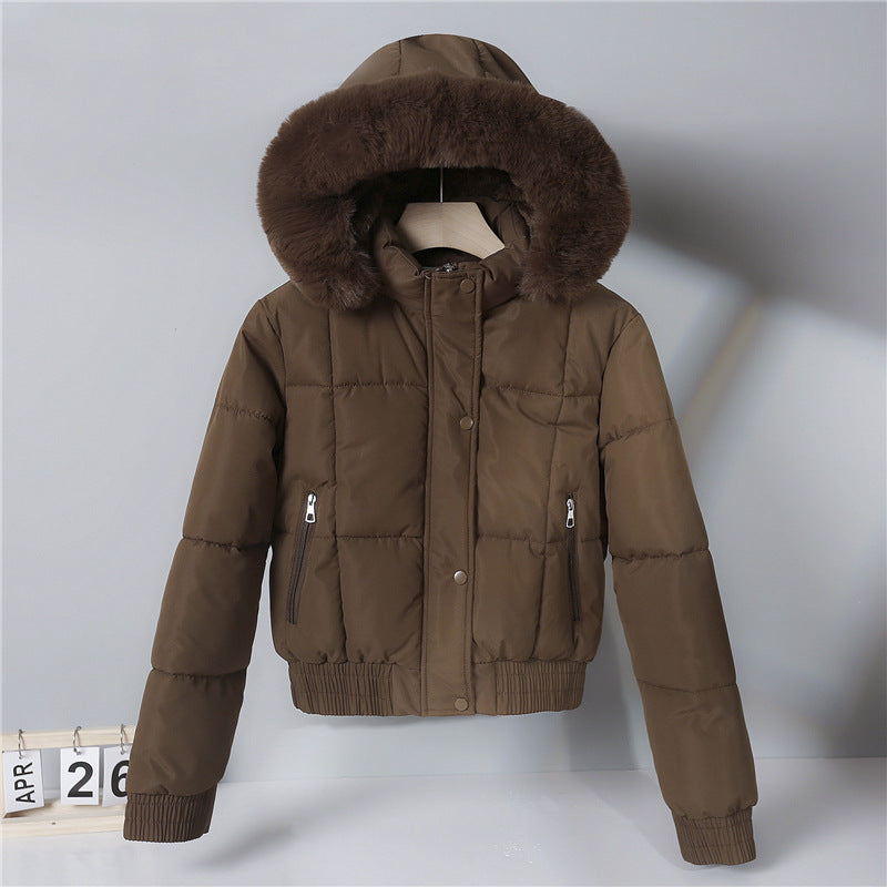 Korte gewatteerde blouson voor dames met capuchon en kraag van imitatiebont