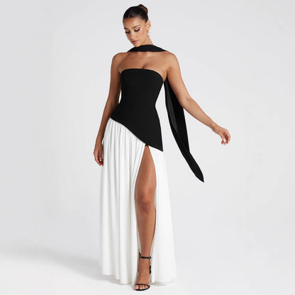 Vestido de noche elegante para mujer asimétrico con abertura – Vestido largo moderno para ocasiones especiales