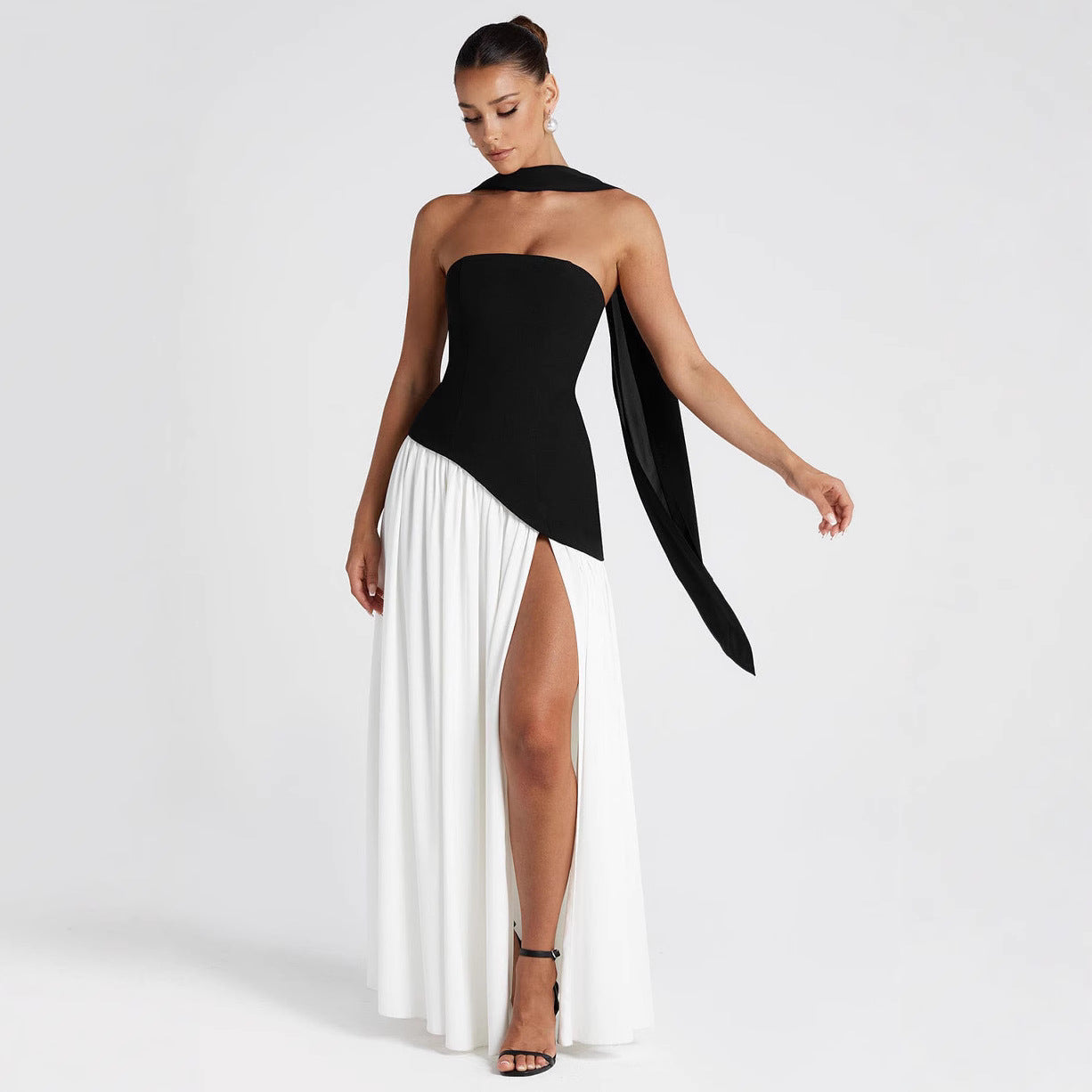 Vestido de noche elegante para mujer asimétrico con abertura – Vestido largo moderno para ocasiones especiales