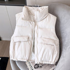 Korte gewatteerde bodywarmer voor dames met opstaande kraag en koord in de zoom