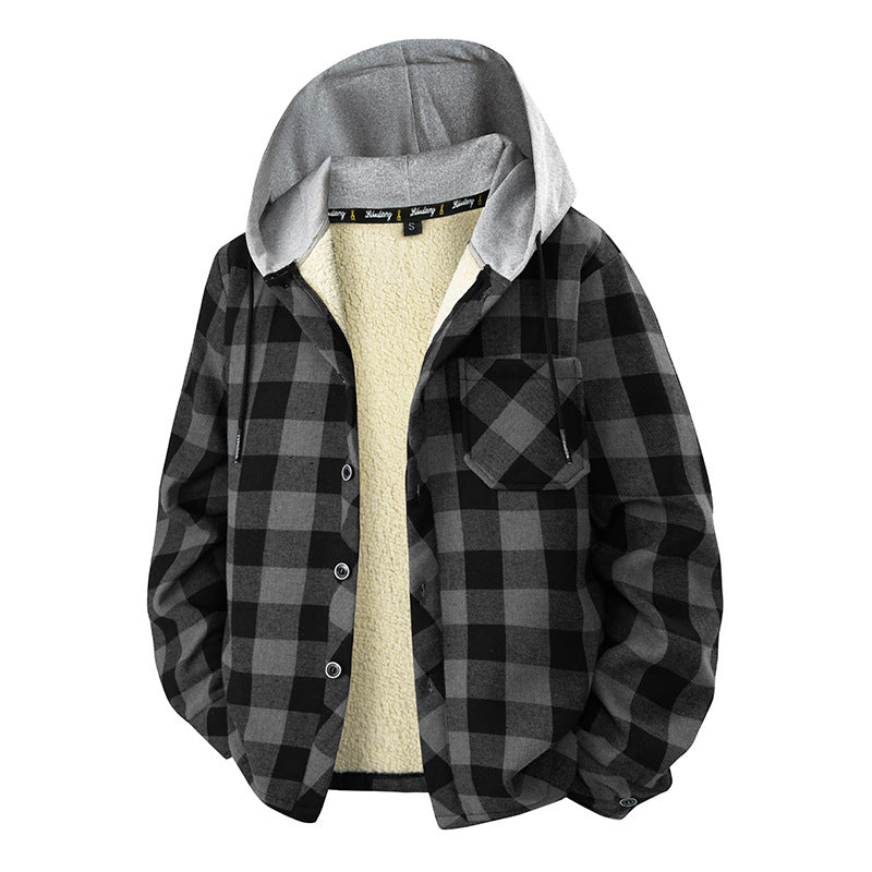 Geruit overshirt voor heren met capuchon, borstzak en drukknopen