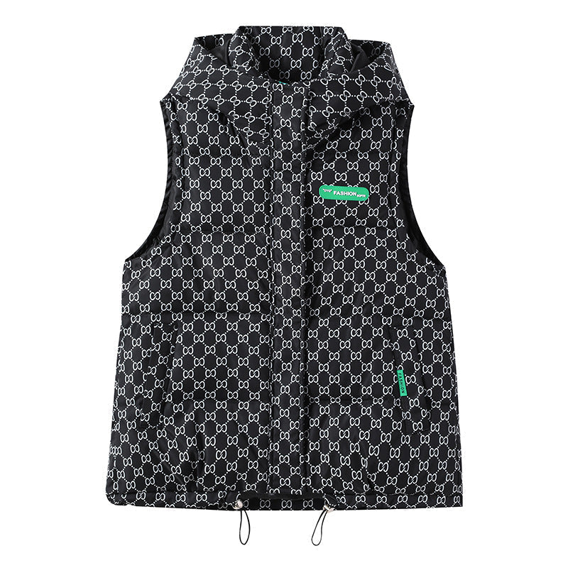 Gewatteerde bodywarmer voor dames met capuchon, allover logoprint en verstelbare zoom