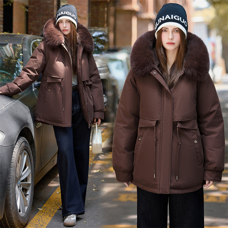 Korte thermoparka voor dames met afneembare kraag van imitatiebont en zakken