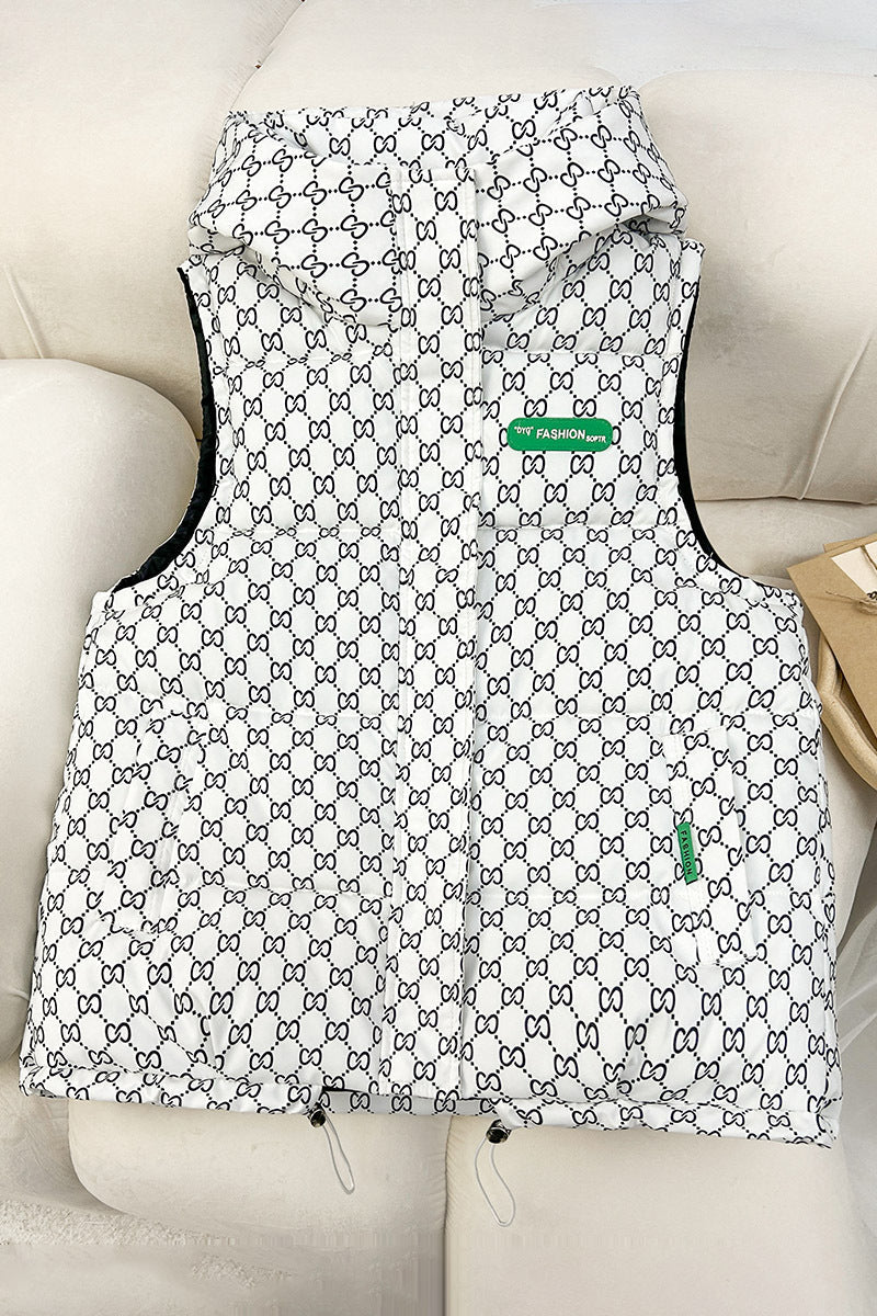 Gewatteerde bodywarmer voor dames met capuchon, allover logoprint en verstelbare zoom