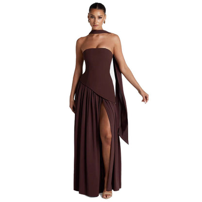 Vestido de noche elegante para mujer asimétrico con abertura – Vestido largo moderno para ocasiones especiales