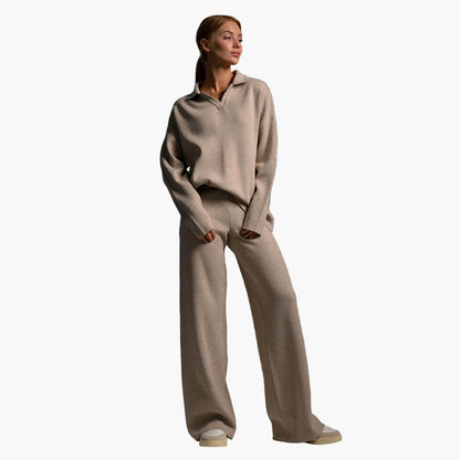 Conjunto de ropa lounge para mujer – Suéter de punto oversize con cuello y pantalón ancho – Cómodo y moderno para casa y ocio