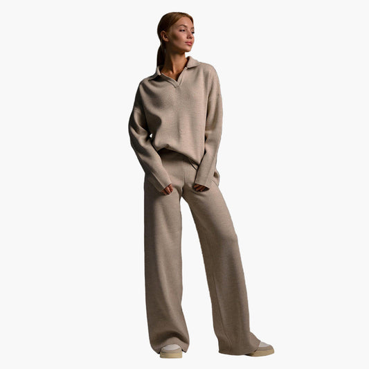 Damloungewear-set – Oversized stickad tröja med krage och vida byxor – Bekvämt & modernt för hem och fritid