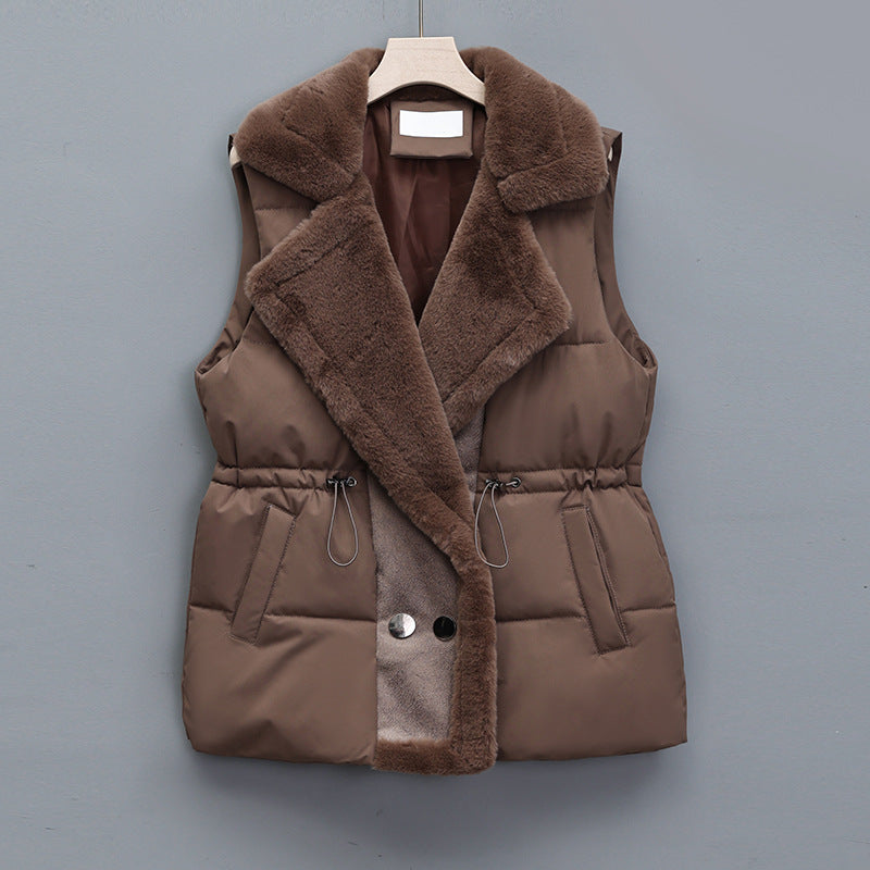 Gewatteerde bodywarmer voor dames met sjaalkraag van imitatiebont en taillekoord