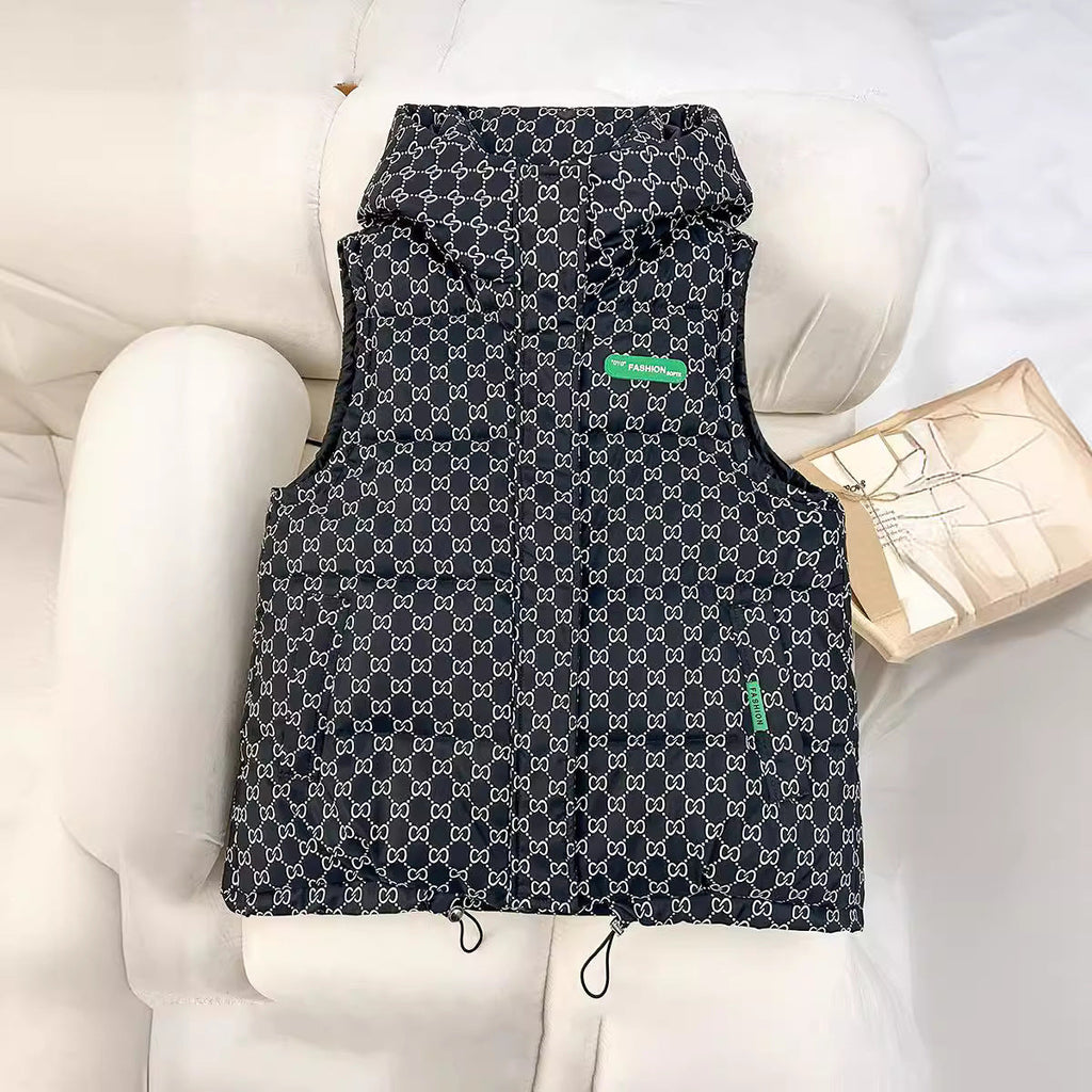 Gewatteerde bodywarmer voor dames met capuchon, allover logoprint en verstelbare zoom
