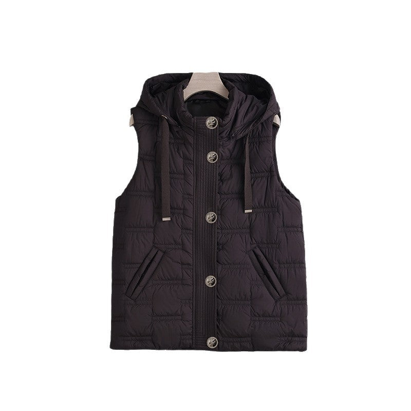 Gewatteerde bodywarmer voor dames met capuchon, knoopsluiting en steekzakken