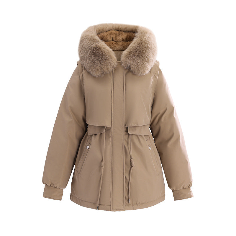 Korte thermoparka voor dames met afneembare kraag van imitatiebont en zakken