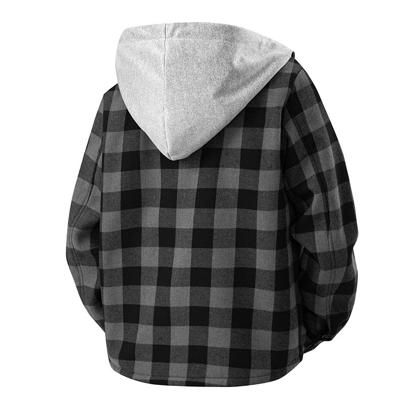 Geruit overshirt voor heren met capuchon, borstzak en drukknopen