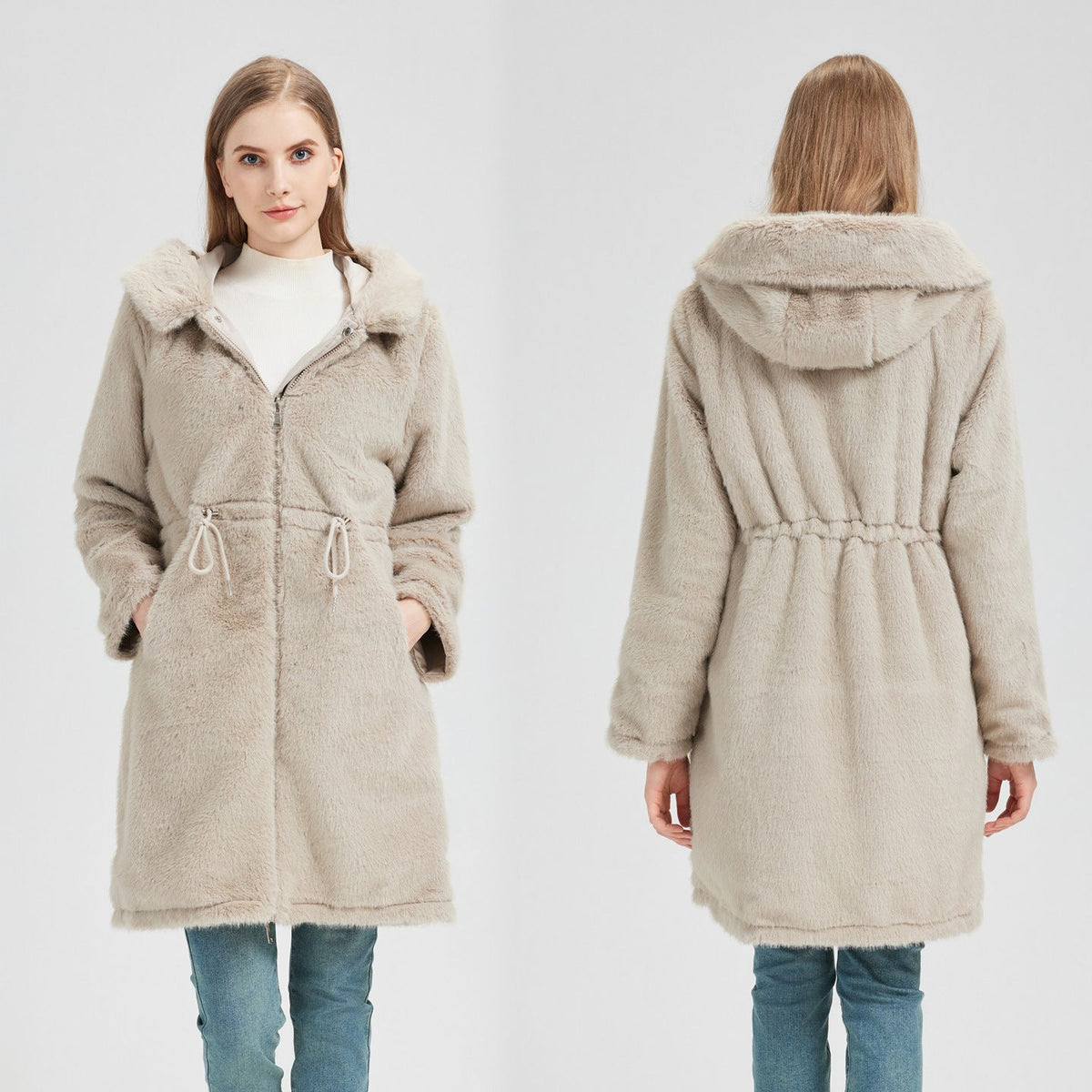 Lange parka voor dames met afneembare capuchon en verstelbaar koord in de taille
