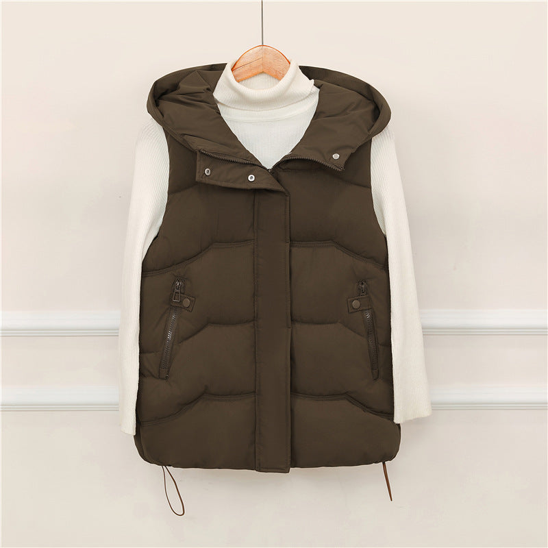 Gewatteerde bodywarmer voor dames met capuchon, koord en ritszakken