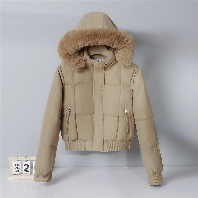 Korte gewatteerde blouson voor dames met capuchon en kraag van imitatiebont