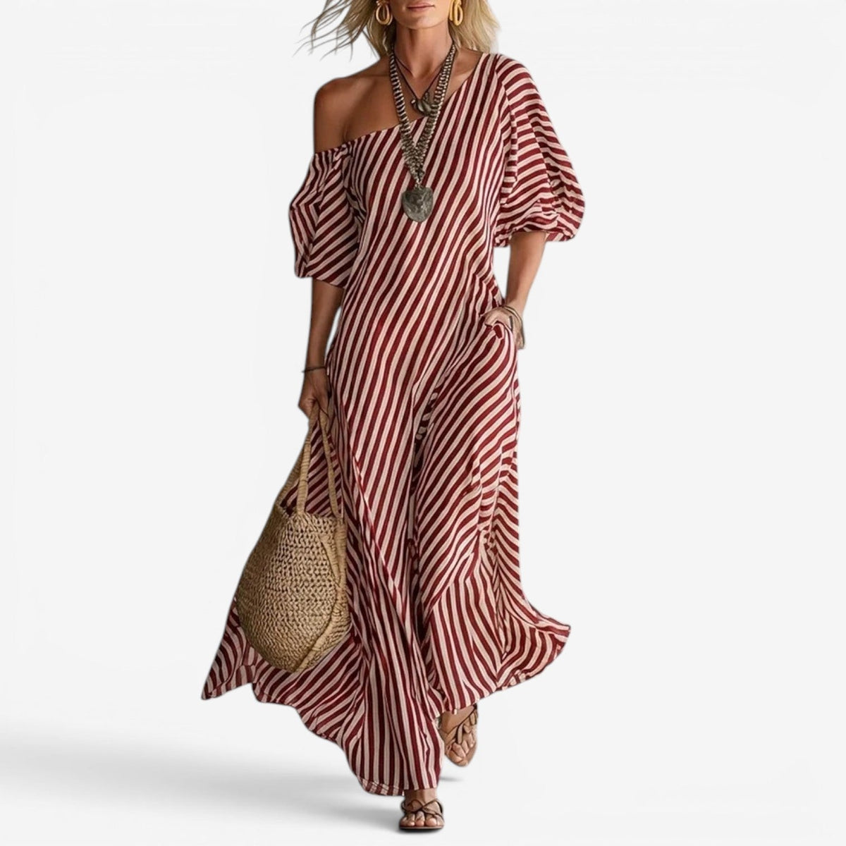Inoni | Gestreepte off-shoulder maxi-jurk voor dames