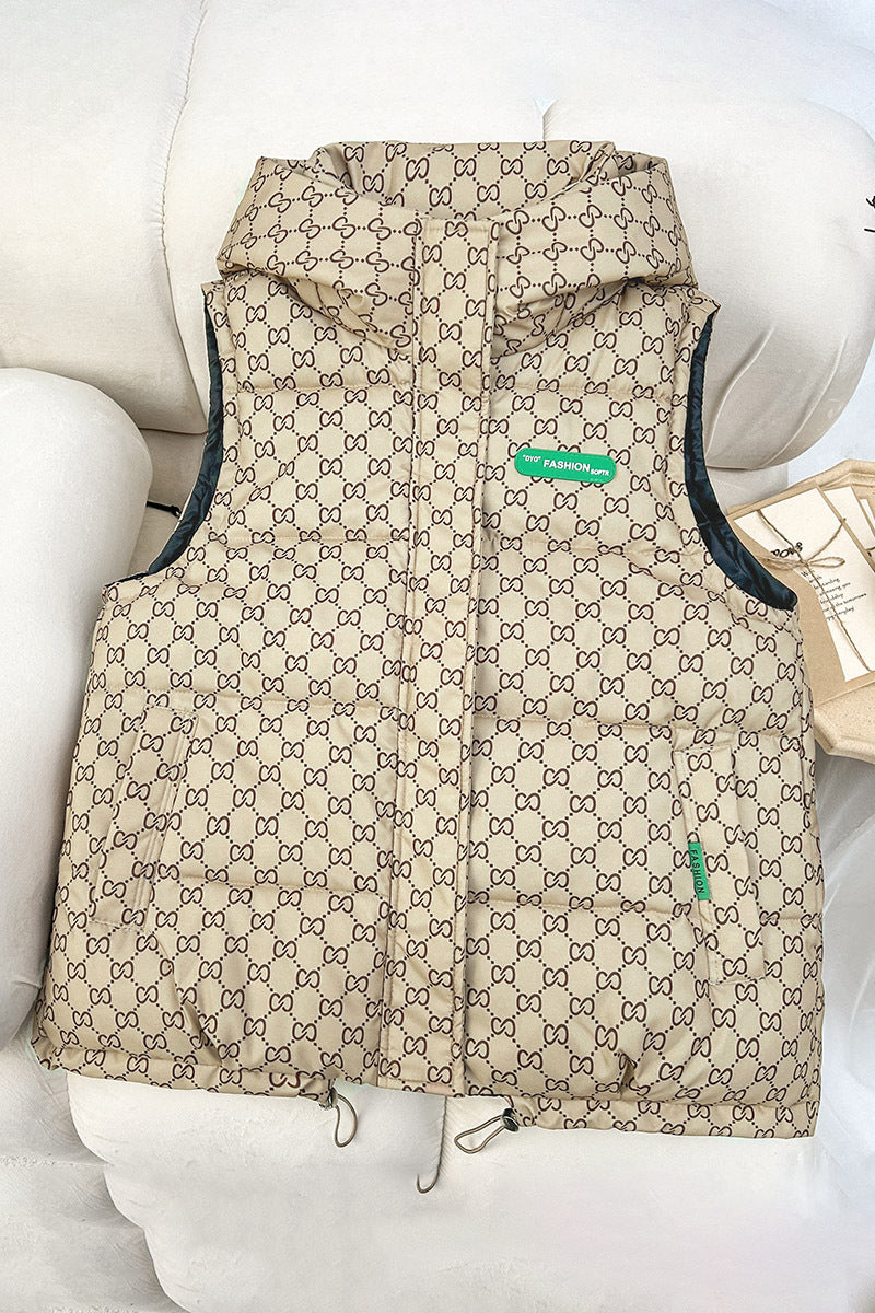 Gewatteerde bodywarmer voor dames met capuchon, allover logoprint en verstelbare zoom