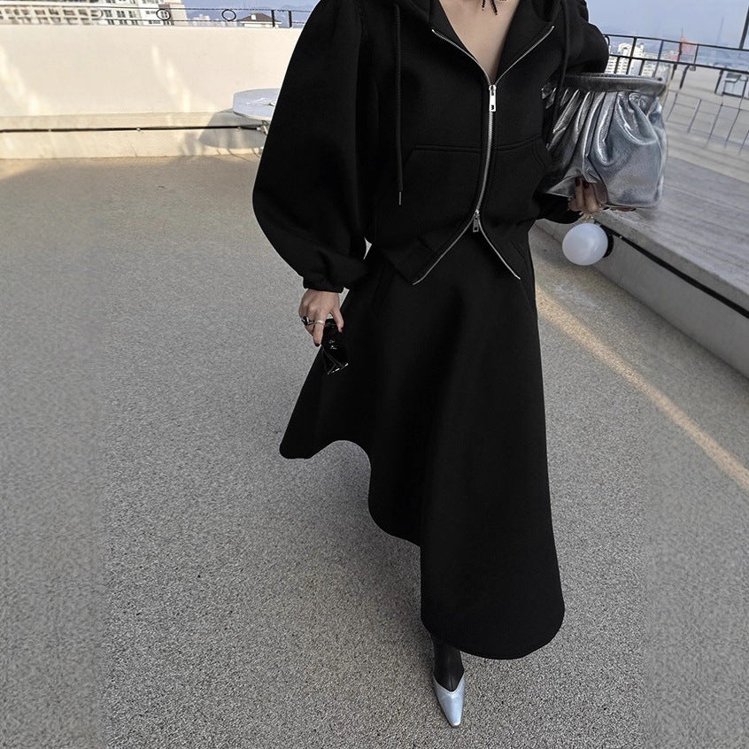 Tweedelige sweatset voor dames met ballonmouwen en uitlopende midi-rok