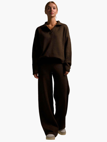 Conjunto de ropa lounge para mujer – Suéter de punto oversize con cuello y pantalón ancho – Cómodo y moderno para casa y ocio