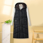 Lange gewatteerde bodywarmer voor dames met capuchon en multifunctionele zakken