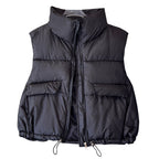 Korte gewatteerde bodywarmer voor dames met opstaande kraag en koord in de zoom
