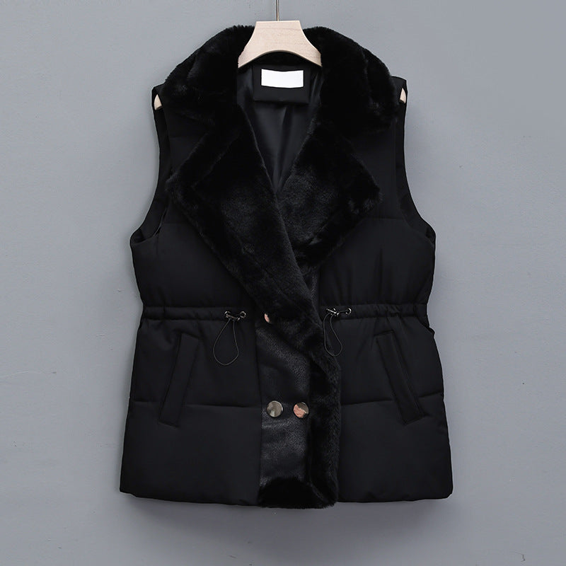 Gewatteerde bodywarmer voor dames met sjaalkraag van imitatiebont en taillekoord