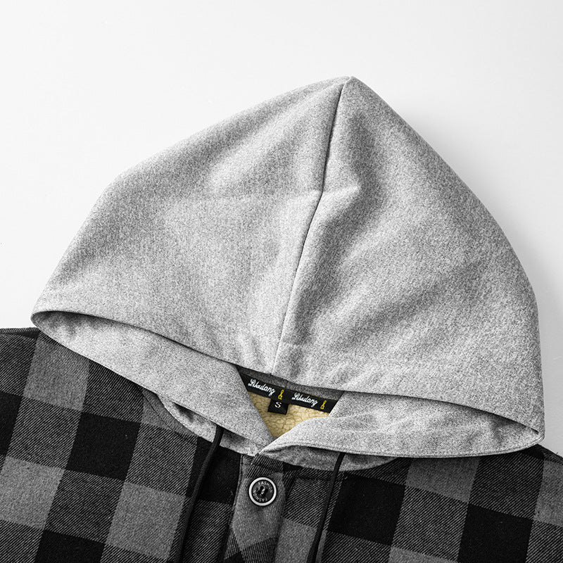 Geruit overshirt voor heren met capuchon, borstzak en drukknopen