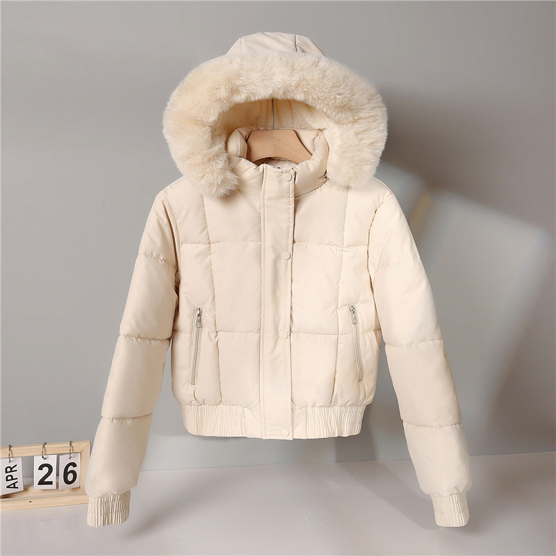 Korte gewatteerde blouson voor dames met capuchon en kraag van imitatiebont