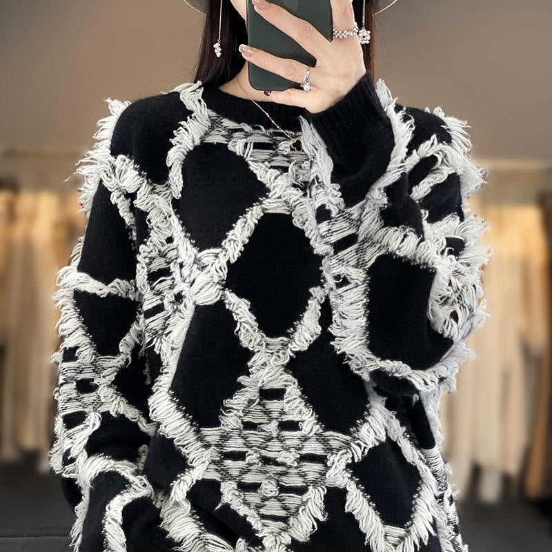 Oversized trui voor dames met ronde hals en franjes