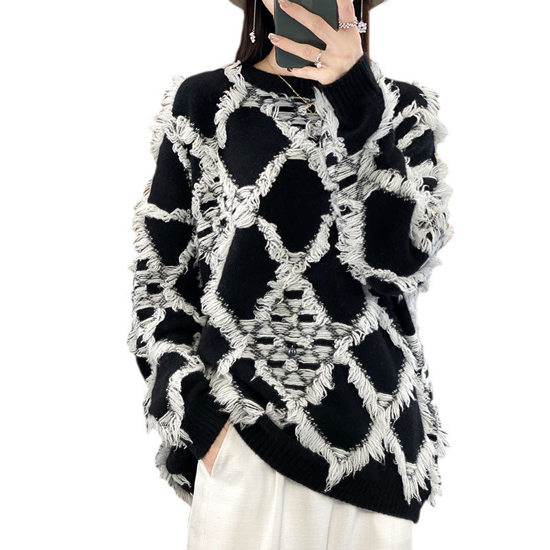 Oversized trui voor dames met ronde hals en franjes