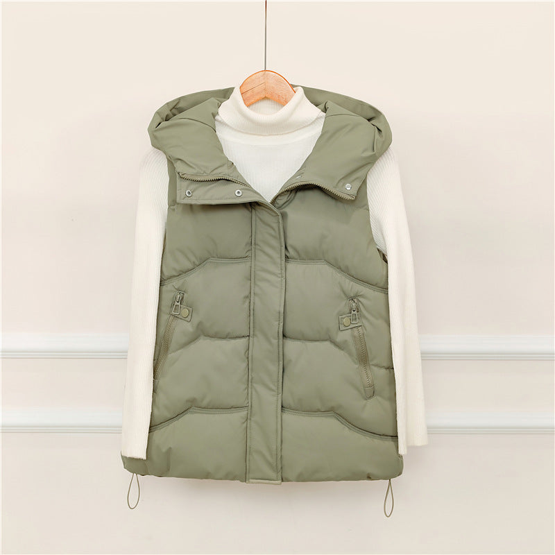 Gewatteerde bodywarmer voor dames met capuchon, koord en ritszakken