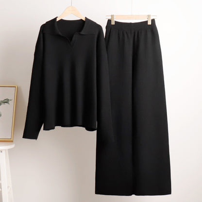 Conjunto de ropa lounge para mujer – Suéter de punto oversize con cuello y pantalón ancho – Cómodo y moderno para casa y ocio