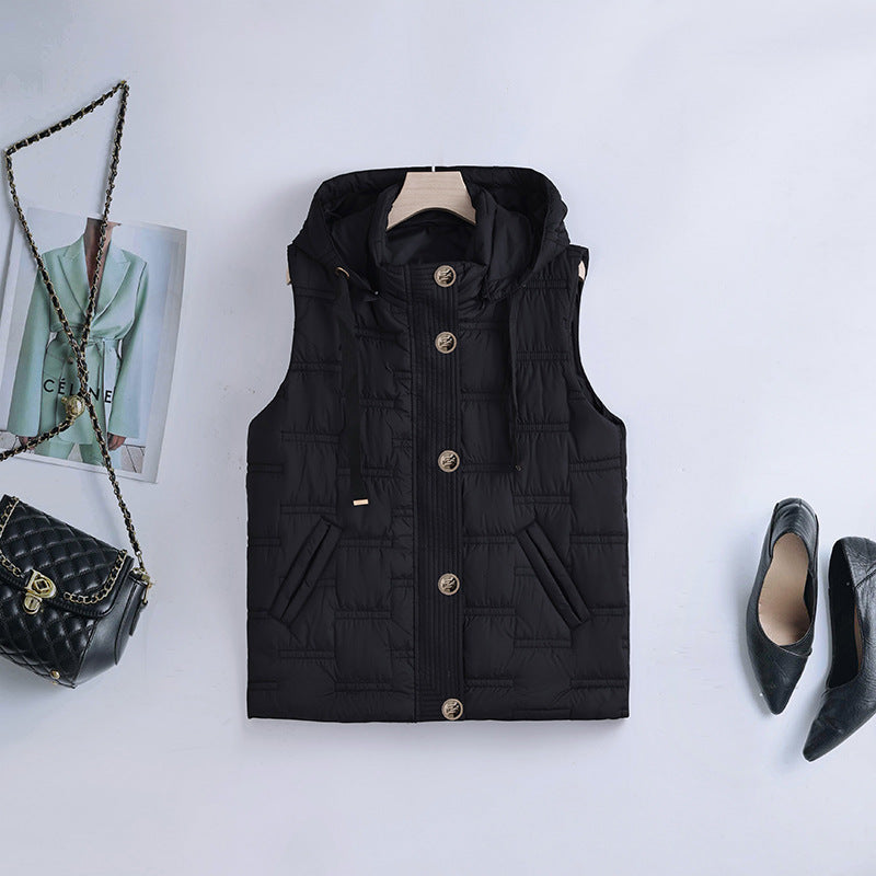 Gewatteerde bodywarmer voor dames met capuchon, knoopsluiting en steekzakken
