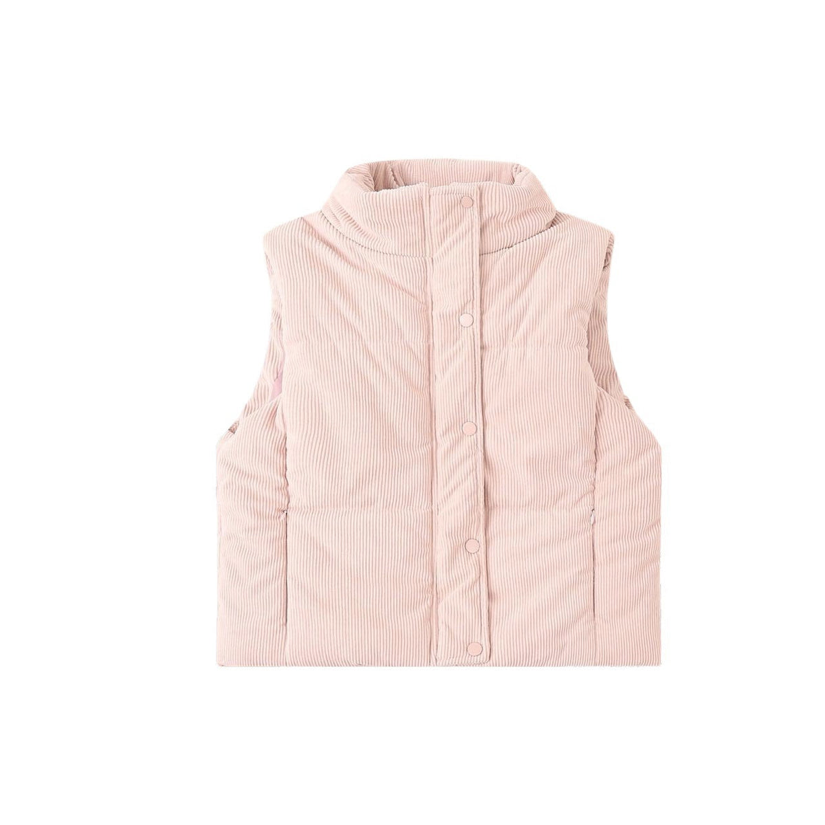 Korte gewatteerde bodywarmer voor dames met hoge opstaande kraag en drukknoopsluiting