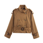Korte trenchcoat voor dames met riem en dubbele knopenrij