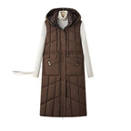Lange gewatteerde bodywarmer voor dames met capuchon en multifunctionele zakken
