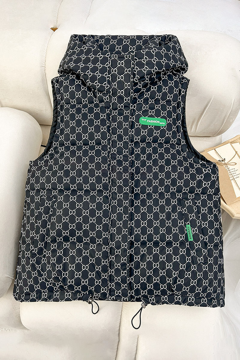 Gewatteerde bodywarmer voor dames met capuchon, allover logoprint en verstelbare zoom
